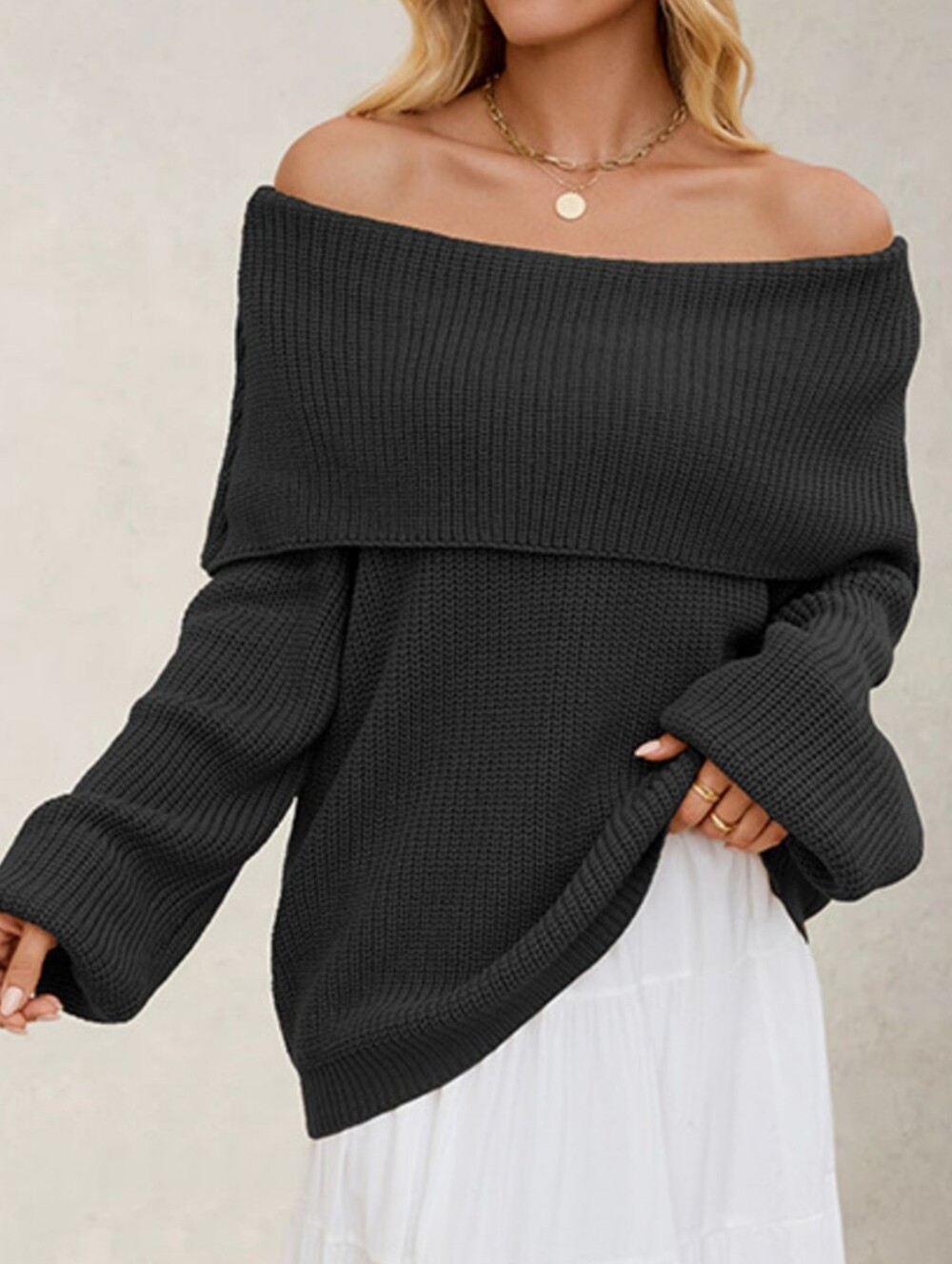 KIRA Off-Shoulder Chunky Knit Sweater in Black S M L XL